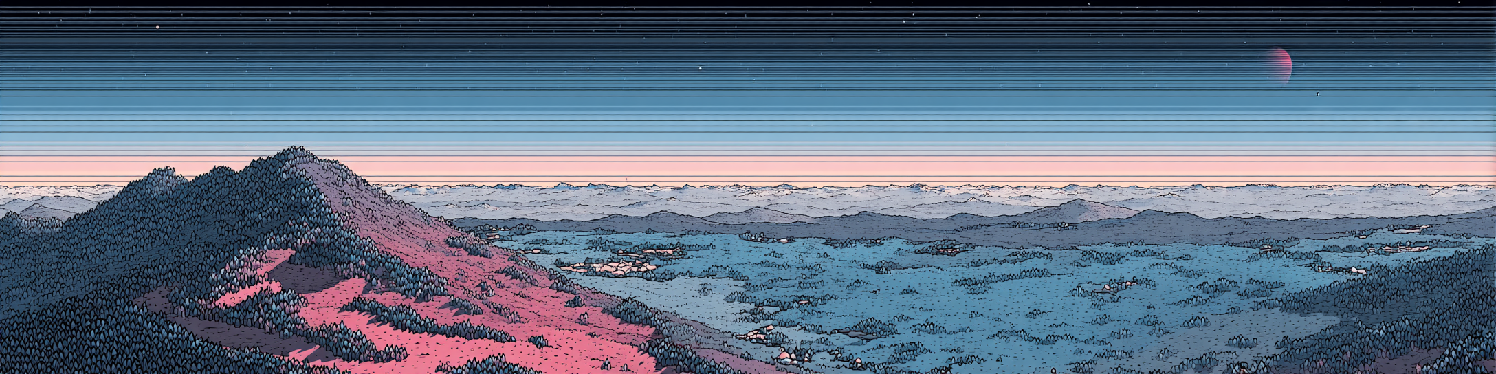 Modem changelog — a pixel-art dusk vista from a forested ridge, pink-lit slope in the foreground fading over blue tree-covered hills to a scanline sky and a distant red moon