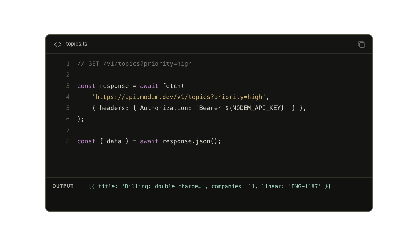 An illustrative TypeScript API example shows customer topics, account counts, and a linked ticket.