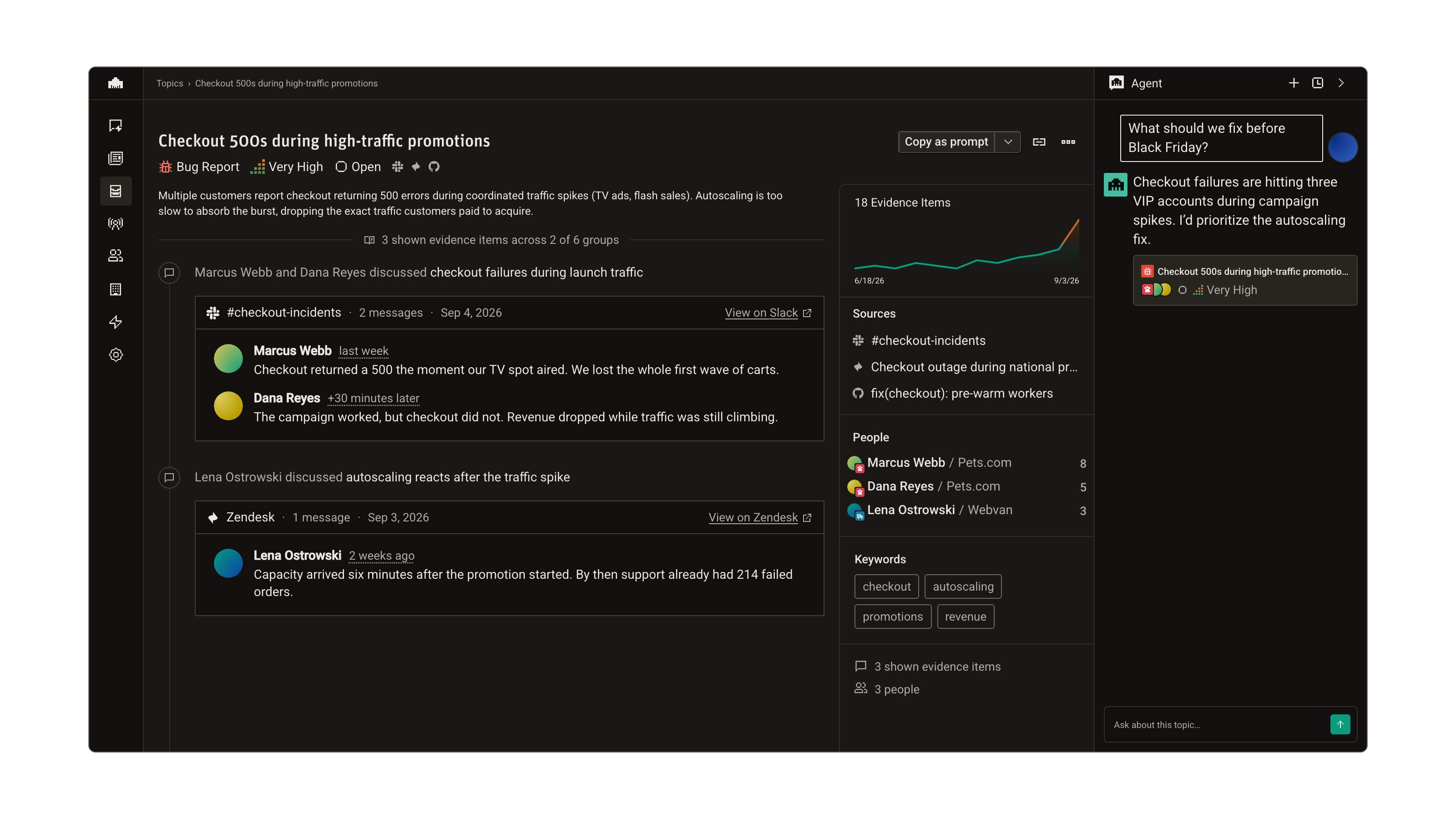 A customer topic and its source conversations sit beside the Modem agent, which recommends an autoscaling fix based on affected accounts.