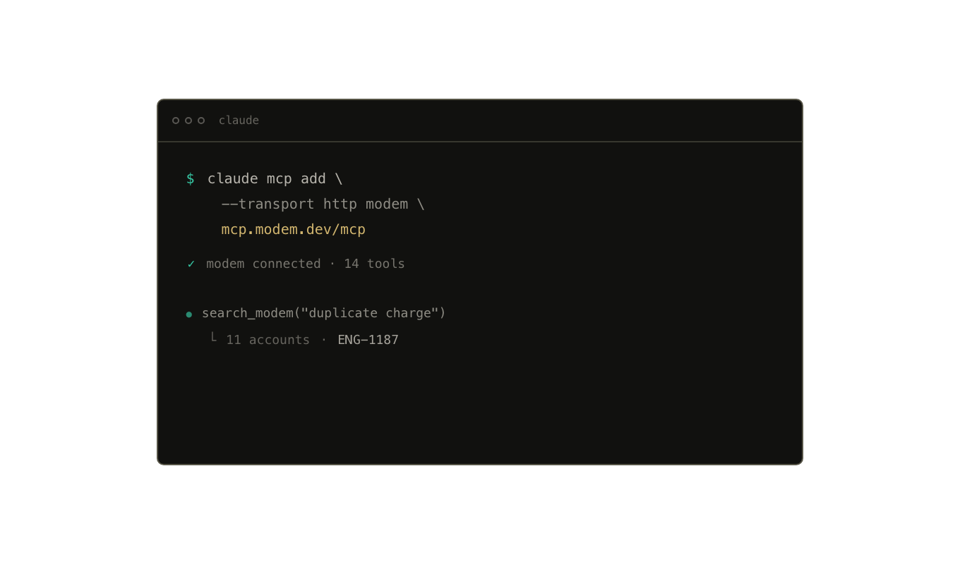 A Claude Code transcript connects to the Modem MCP server and finds a customer issue affecting 11 accounts.