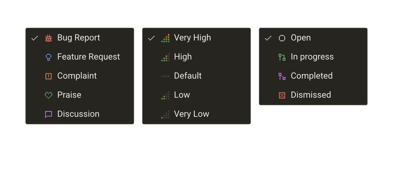 Topic categories, priority levels, and lifecycle statuses used to find the current state of work.
