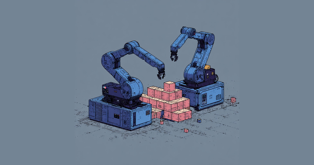 Pixel art illustration of robots working along a conveyor belt