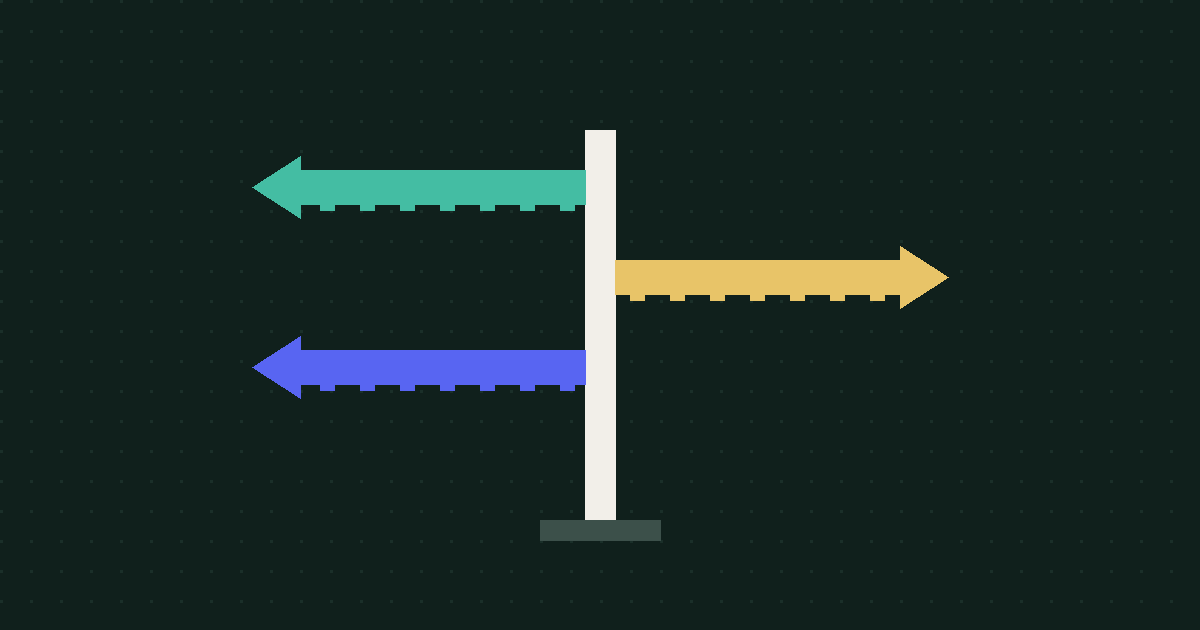 Pixel art of a signpost with three colored arrows pointing in different directions