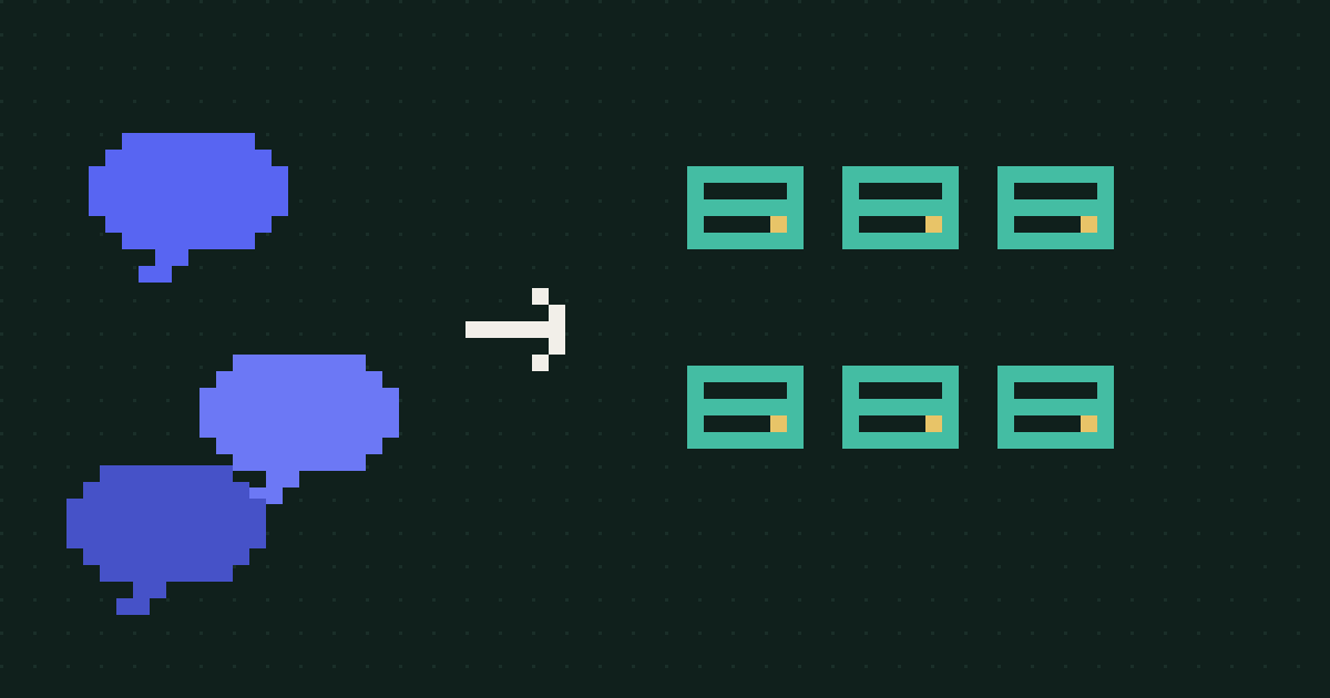 Pixel art of chat bubbles flowing through an arrow into a sorted grid of cards