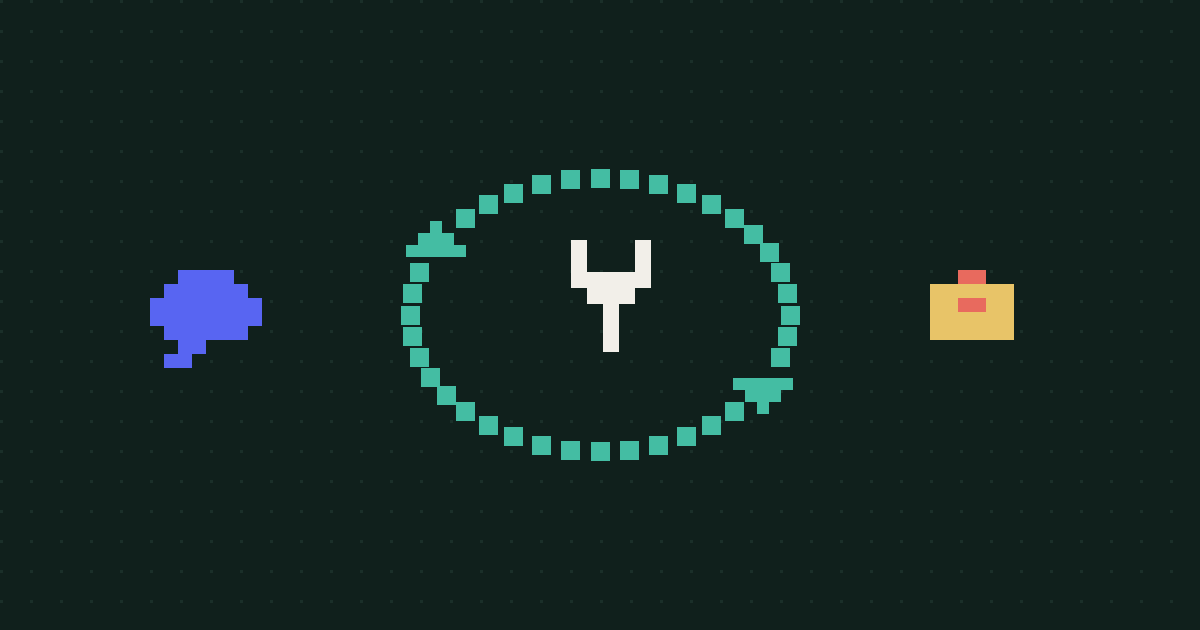Pixel art of a circular arrow loop connecting a chat bubble, a wrench, and a gift