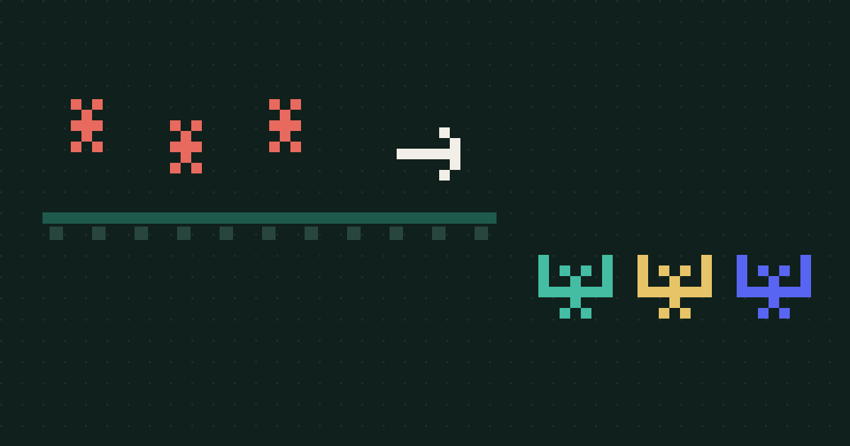Pixel art of bugs on a conveyor belt being sorted into colored bins