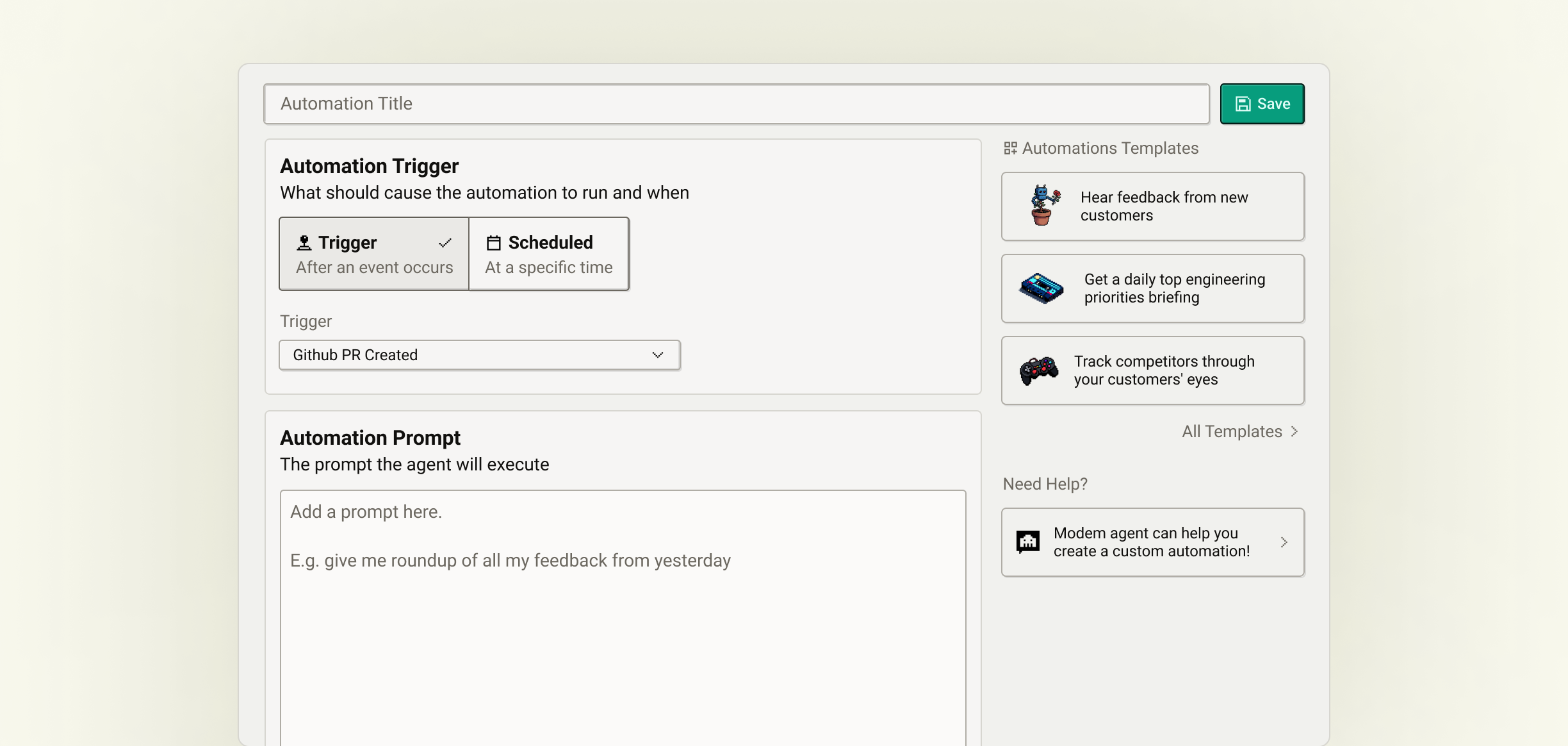 The automation creation page with templates shown in a sidebar