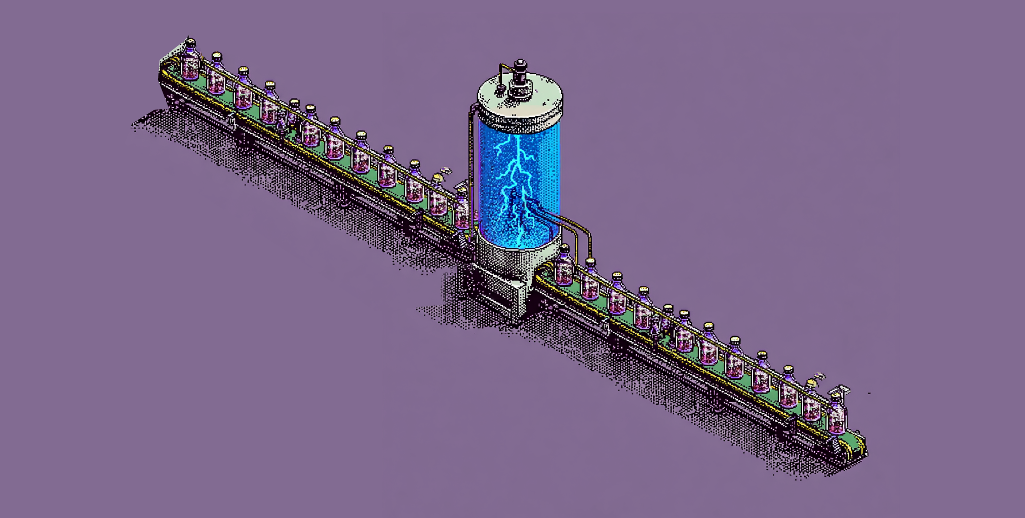 Pixel art illustration of a factory conveyor belt bottling lightning