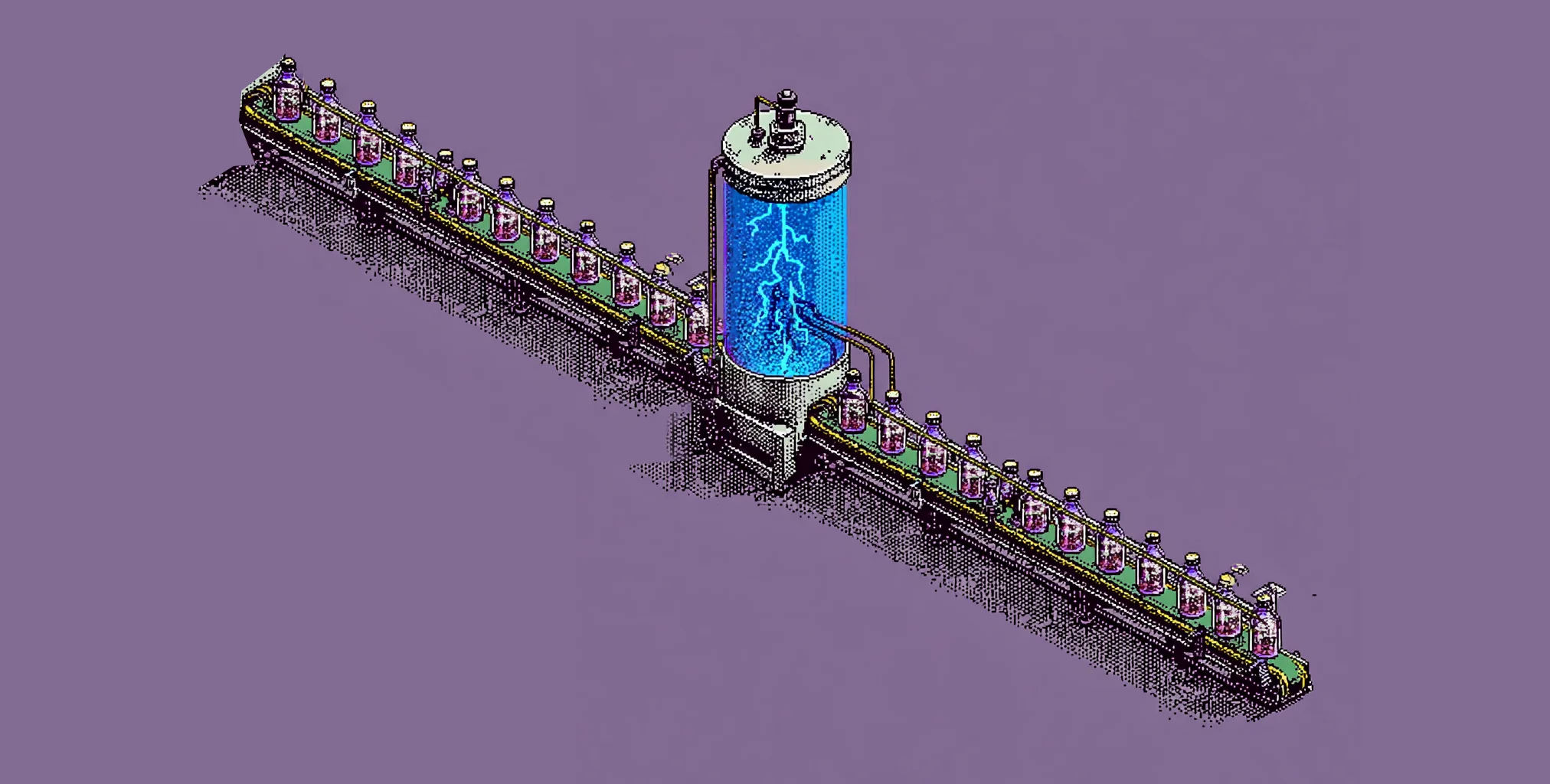 Pixel art illustration of a factory conveyor belt bottling lightning