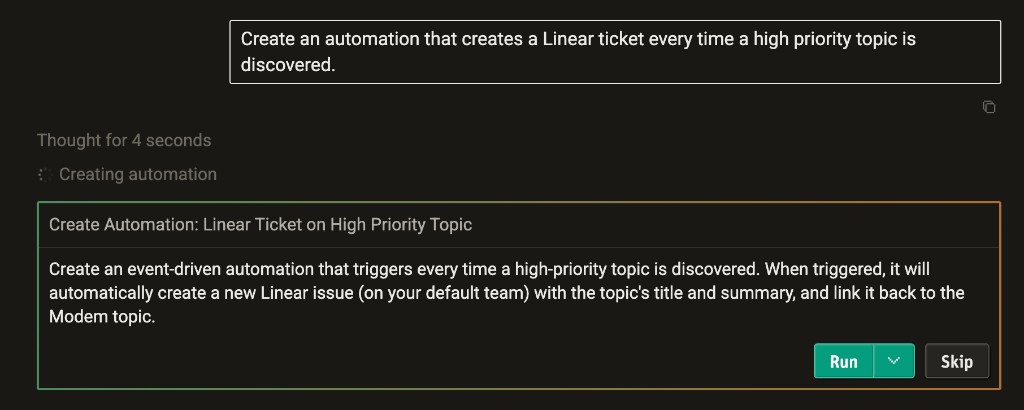 Modem UI showing a natural language prompt and the proposed automation with Run and Skip buttons