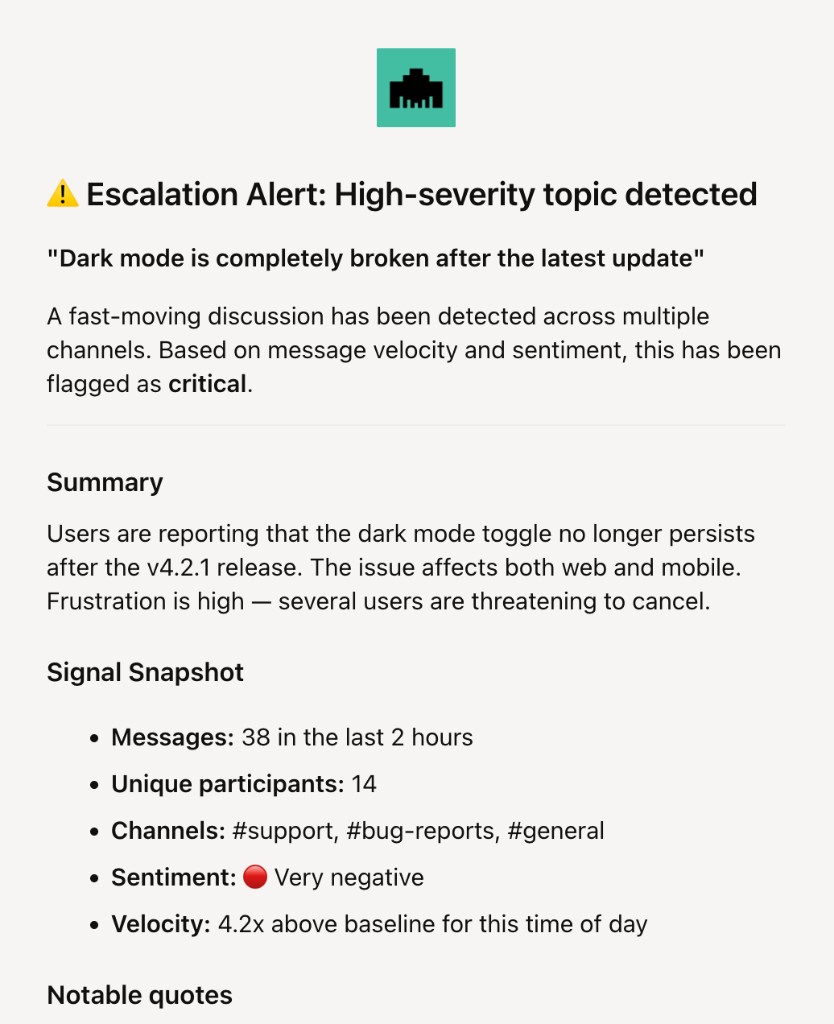 Example escalation alert: high-severity topic with summary and signal snapshot