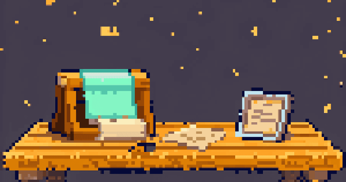 Pixel art of a workbench at night with a glowing teal scroll propped against a retro computer, under a dark starry sky