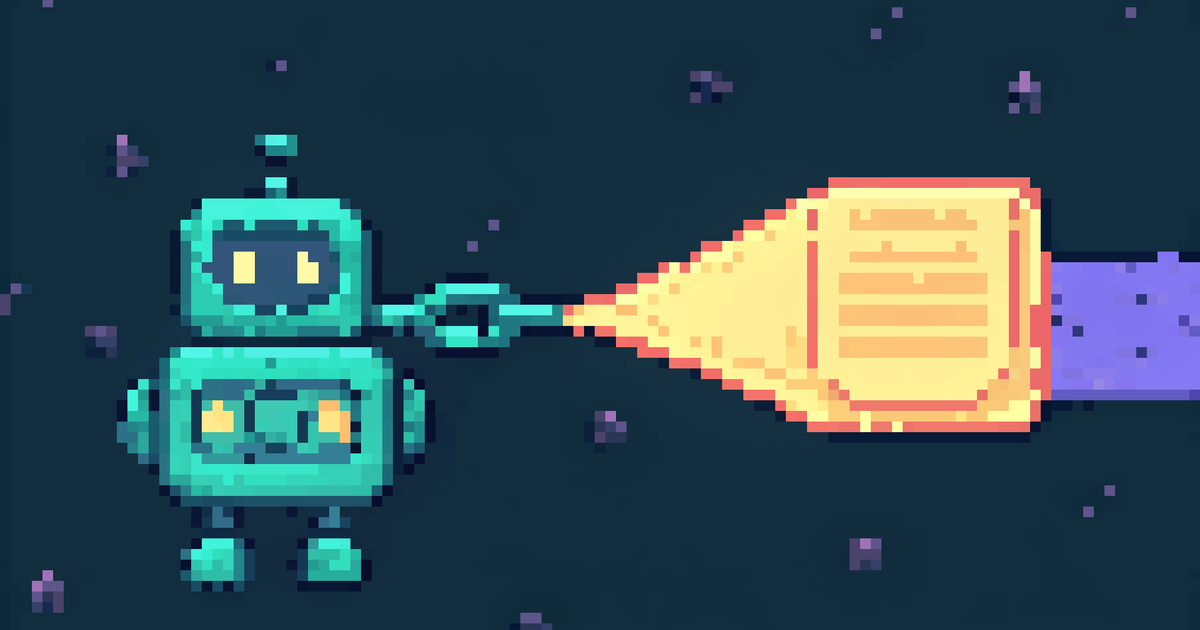 Pixel art of a teal robot beaming out a glowing pull request document