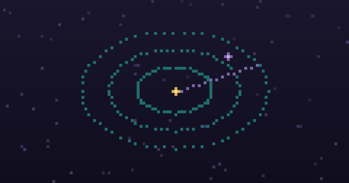 Pixel art of a pixel radar sweep with glowing contacts on a dark purple background