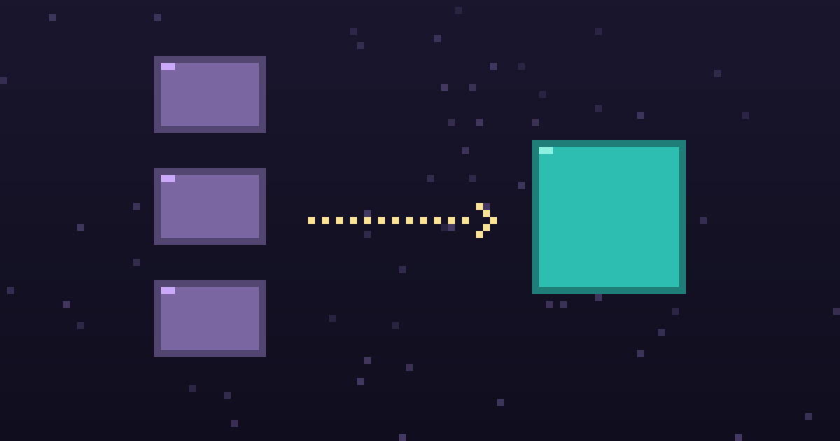 Pixel art of pixel blocks with a gold arrow pointing to a glowing alternative on a dark purple background