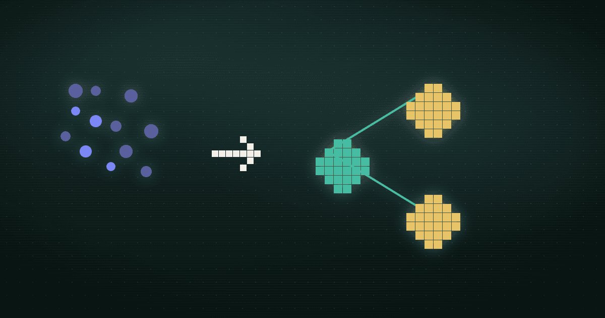 Pixel art of a scattered cluster of purple dots resolving into a structured graph of three connected teal and gold nodes, on a dark background