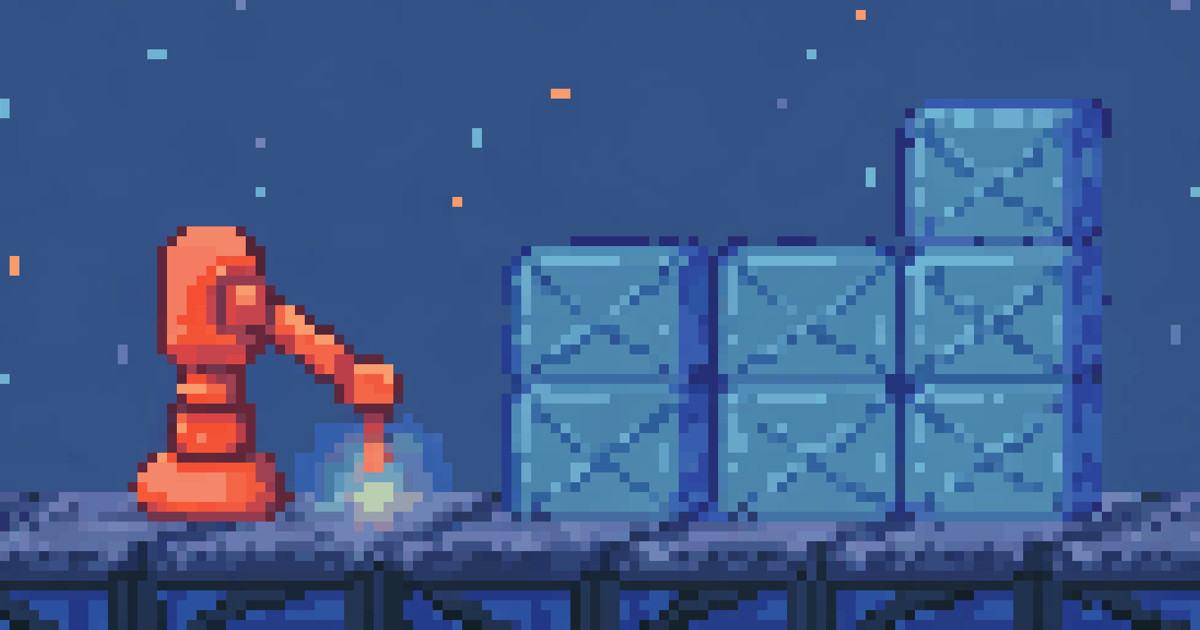 Pixel art of an orange robot arm stacking teal crates into ranked stacks under a dark navy sky