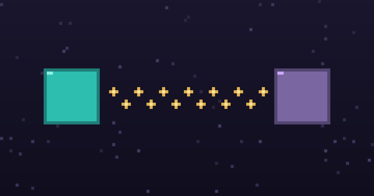 Pixel art of two pixel nodes joined by a dotted gold pipeline on a dark purple background