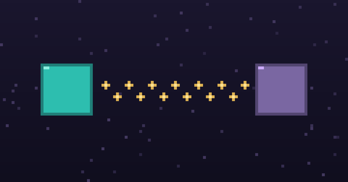 Pixel art of two pixel nodes joined by a dotted gold pipeline on a dark purple background
