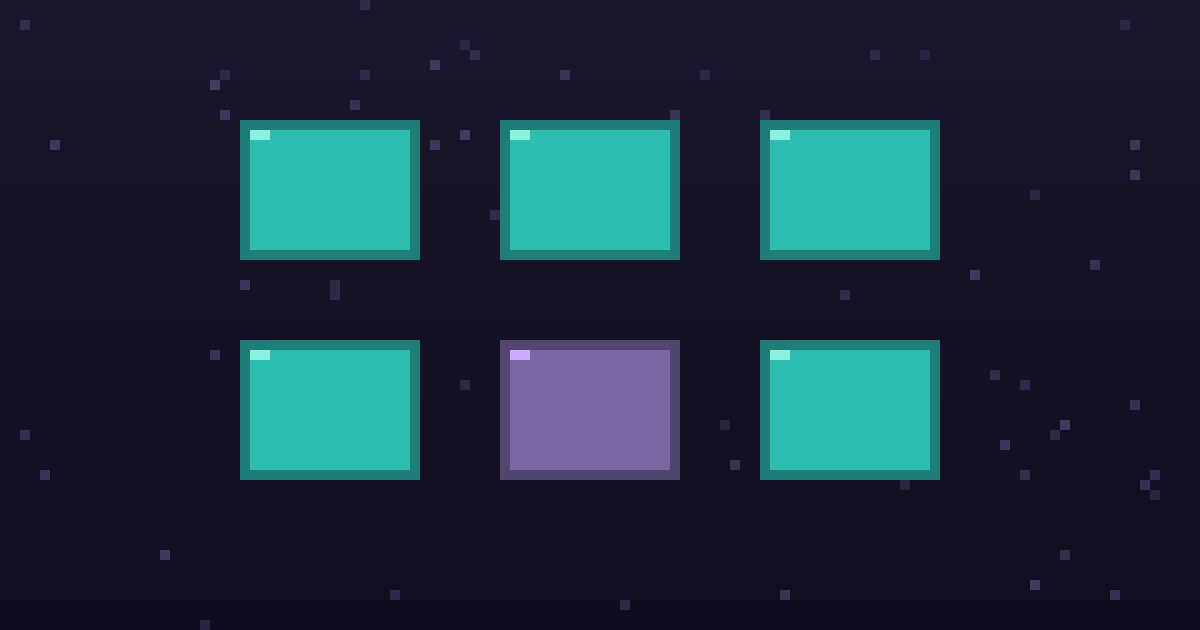 Pixel art of a grid of glowing pixel tool cards on a dark purple background