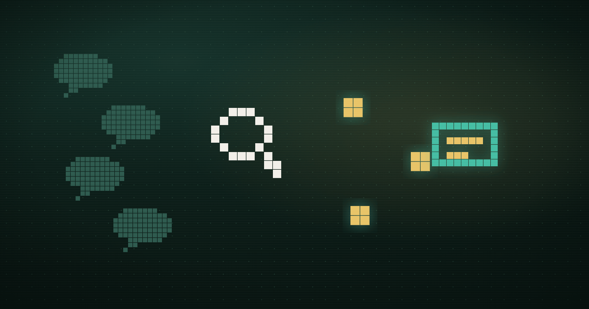 Pixel art of a glowing Slack-style hash mark with message tiles on a dark navy background