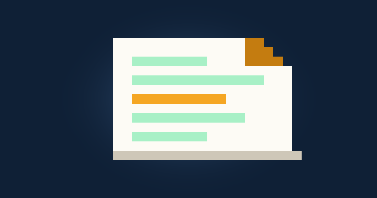Pixel art of a cream document page with mint text lines and a folded amber corner