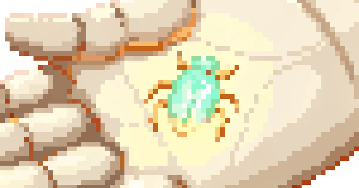 Pixel art of a robot hand receiving a glowing bug icon