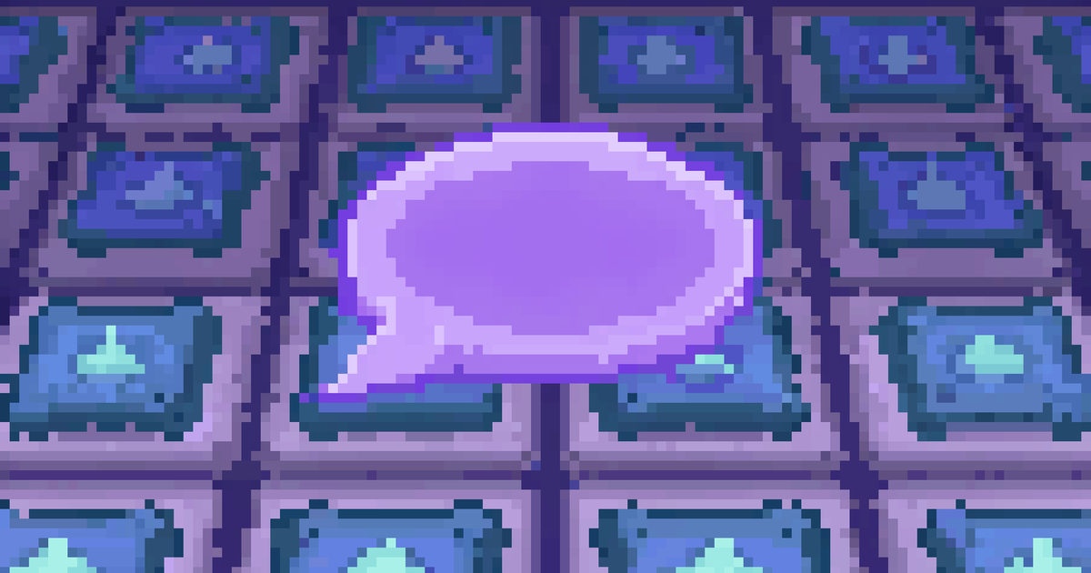 Pixel art of a purple chat bubble above a grid of glowing teal cards
