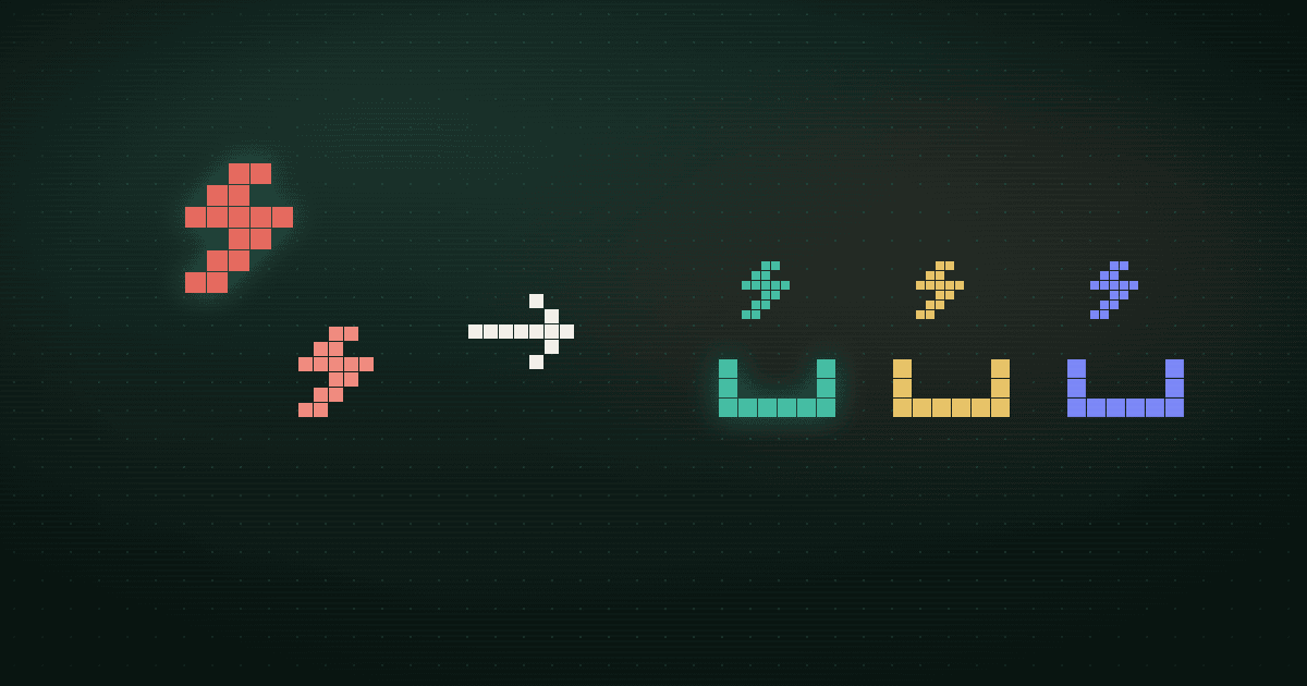 Pixel art of a red bug icon splitting into three smaller bugs behind a status check, on a dark navy background