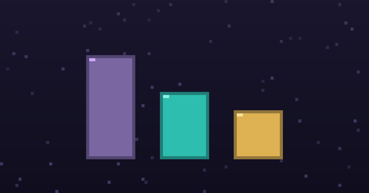 Pixel art of three glowing pixel pillars of different heights on a dark purple background