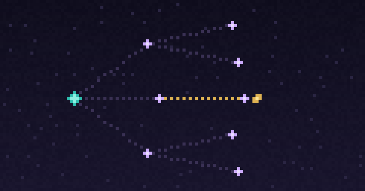 Pixel art of a branching discussion thread with a gold answered checkmark on one reply tip