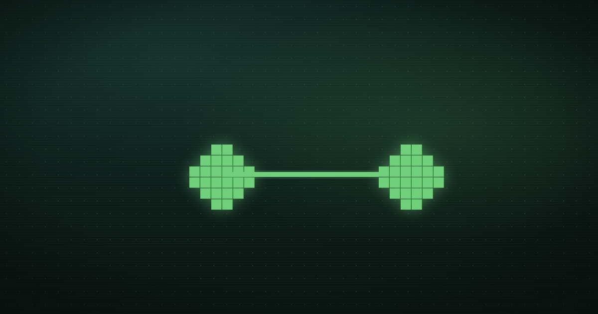 Pixel art of two glowing green nodes connected by a line like a git branch