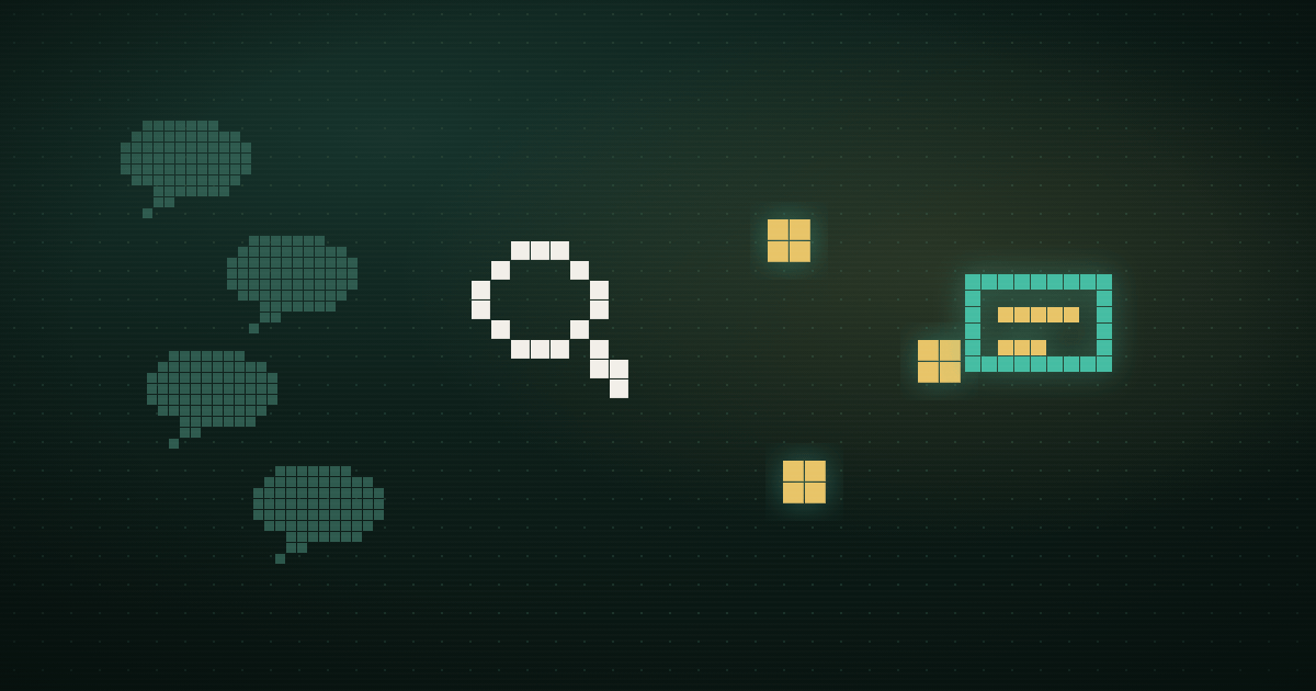 Pixel art of chat bubbles passing through a magnifying glass and filing into a glowing record card on a dark green background