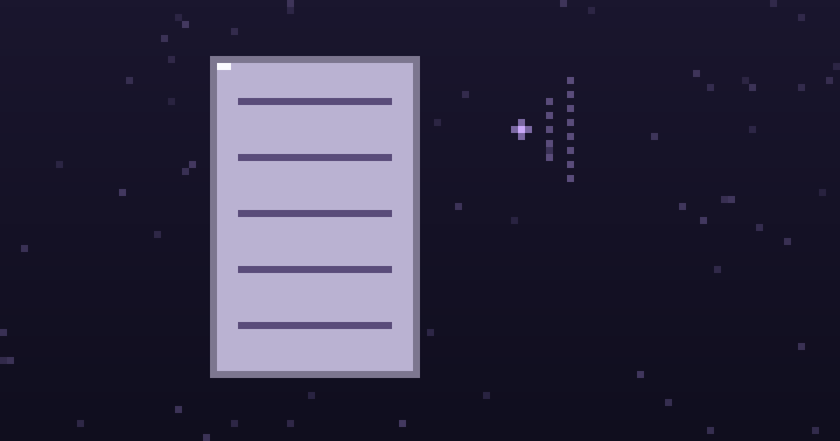 Pixel art of a pixel document beside a glowing broadcast dot on a dark purple background
