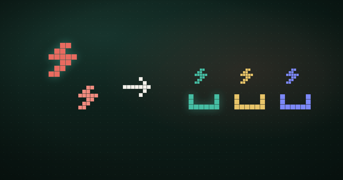 Pixel art of red error bolts routed by an arrow into three colored buckets on a dark green background