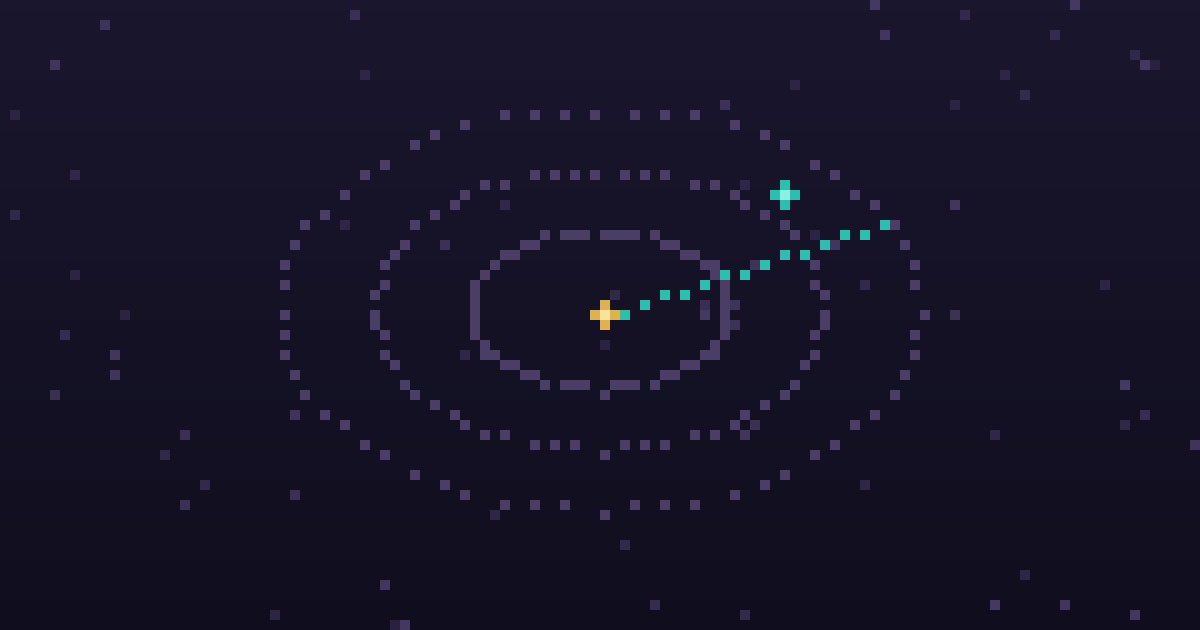Pixel art of a pixel radar sweep with glowing contacts on a dark purple background