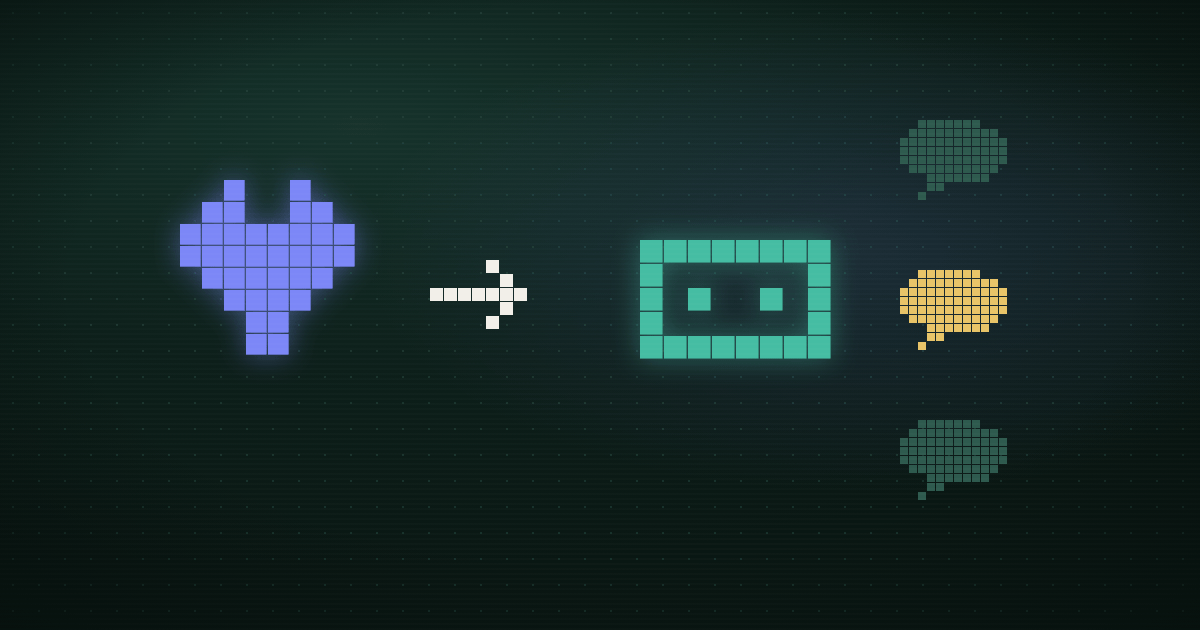 Pixel art of a teal speech bubble arrow into a gold-outlined account record panel on a dark green background