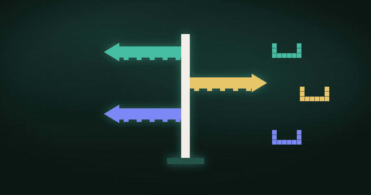 Pixel art of a signpost with three glowing arrows pointing in different directions toward matching colored inbox icons, on a dark navy background.