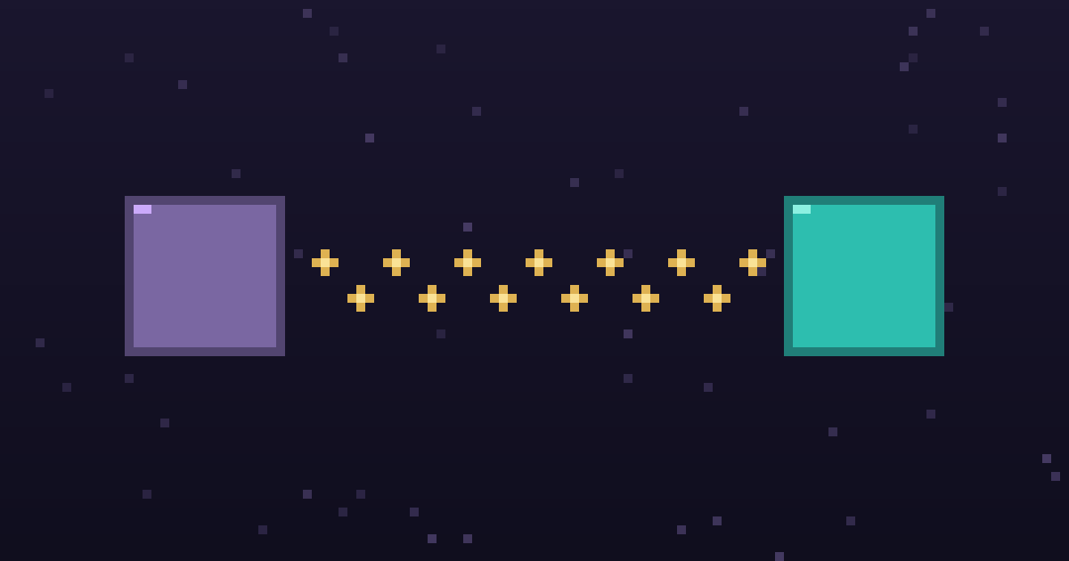Pixel art of two pixel nodes joined by a dotted gold pipeline on a dark purple background