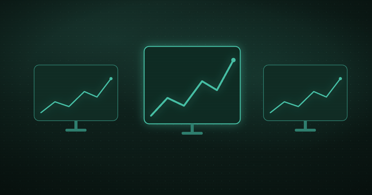 Pixel art of glowing analytics bars diverging up and down on a dark navy background