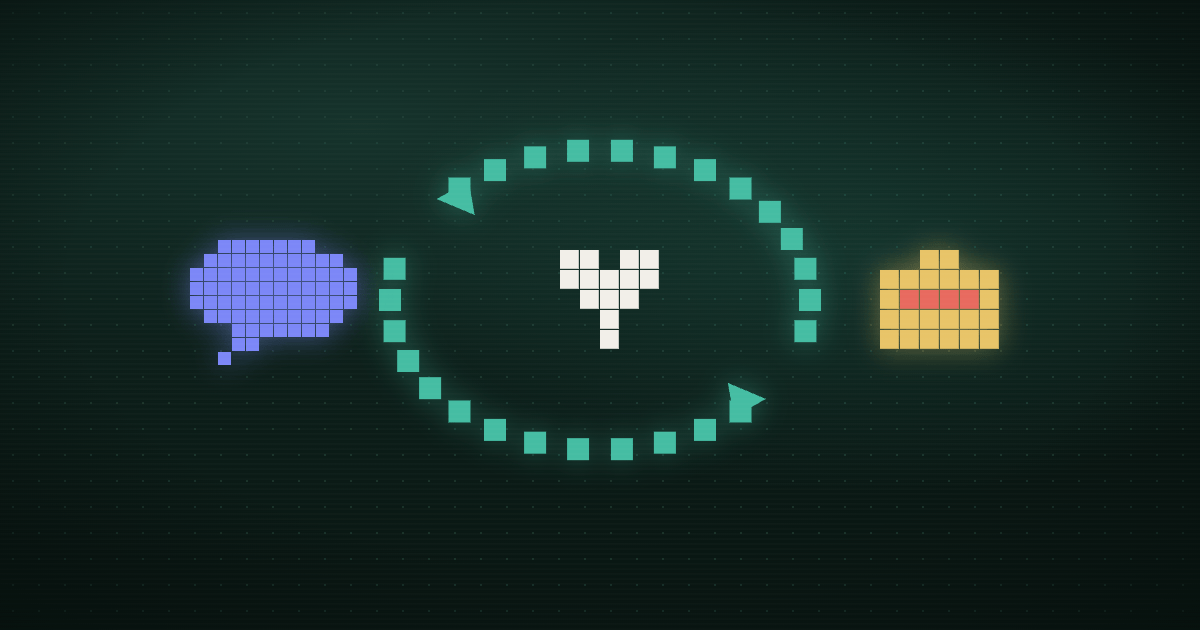 Pixel art of a glowing loop arrow returning to its starting node on a dark navy background