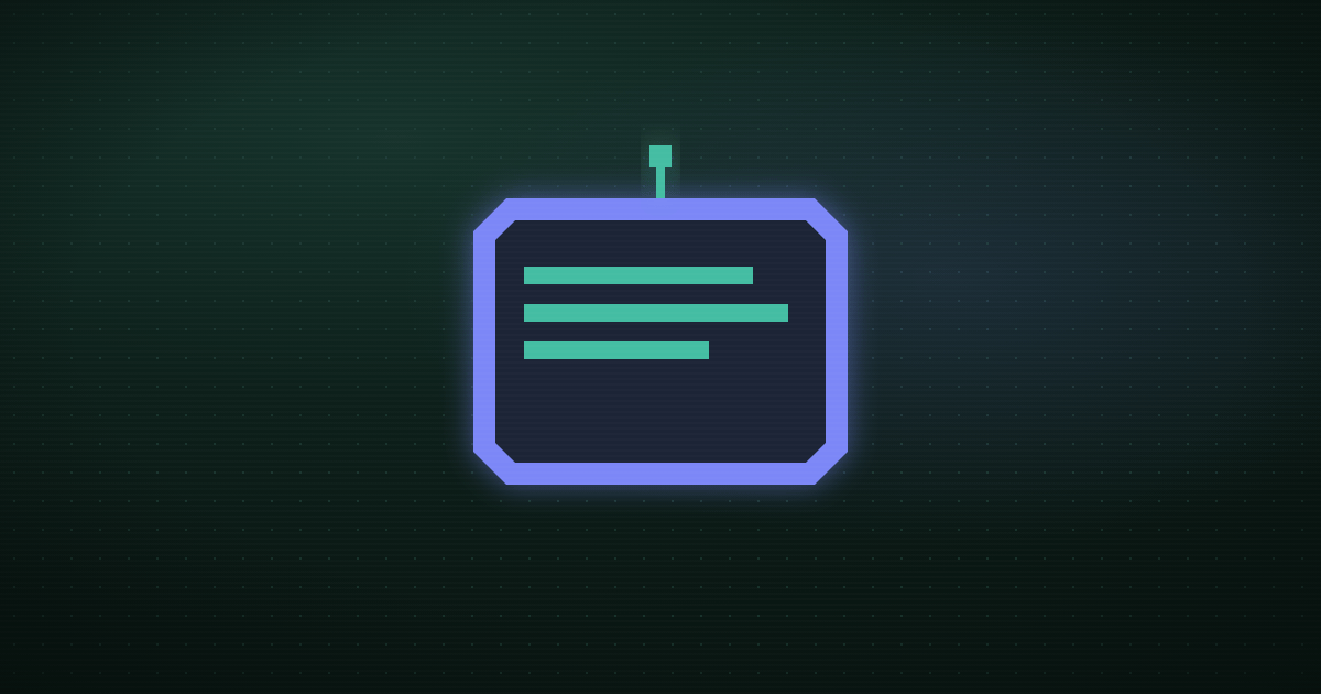 Pixel art of a glowing purple chat window with teal message lines on a dark background