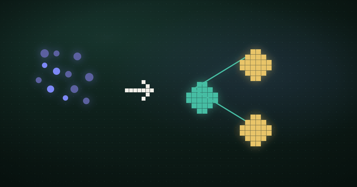 Pixel art of a glowing memory graph of connected nodes on a dark navy background