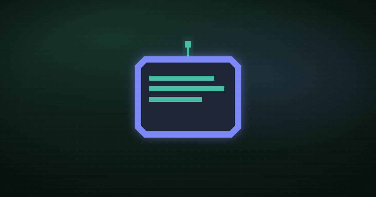 Pixel art of a purple chat window with lines of text and a glowing teal antenna on top