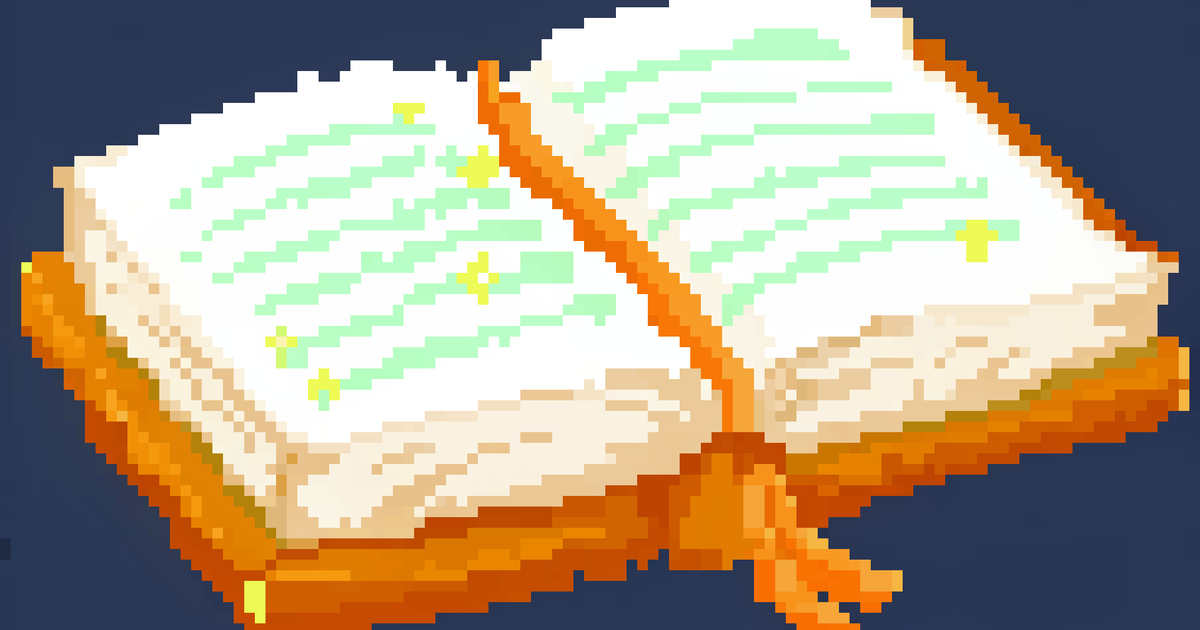 Pixel art of an open book with mint green lines of text and gold stars