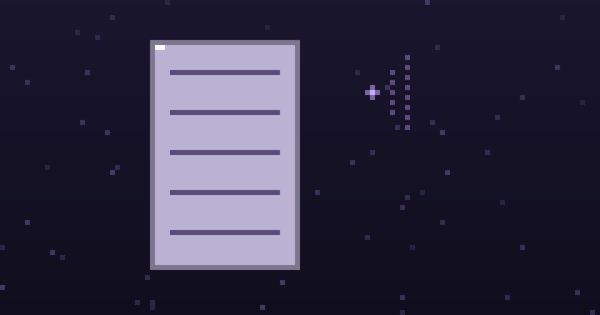 Pixel art of a pixel document beside a glowing broadcast dot on a dark purple background
