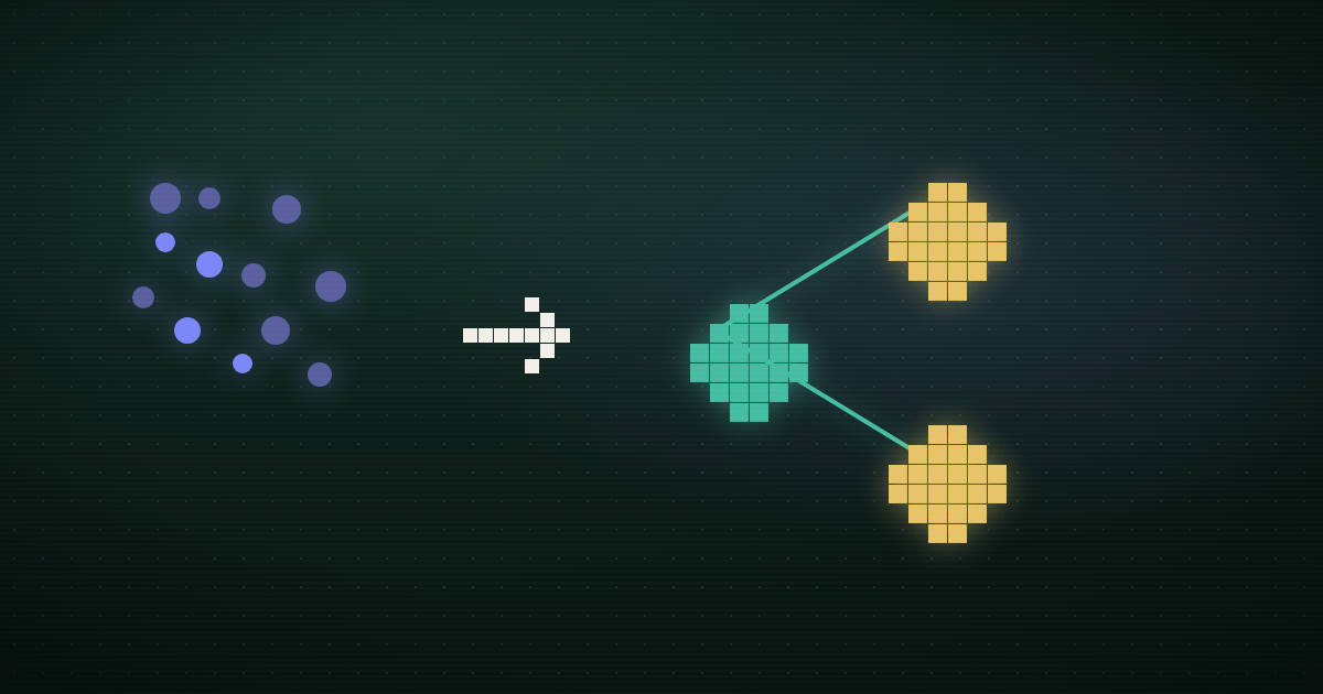 Pixel art of a teal chat bubble pointing an arrow at a glowing gold panel of stacked field rows, on a dark navy background