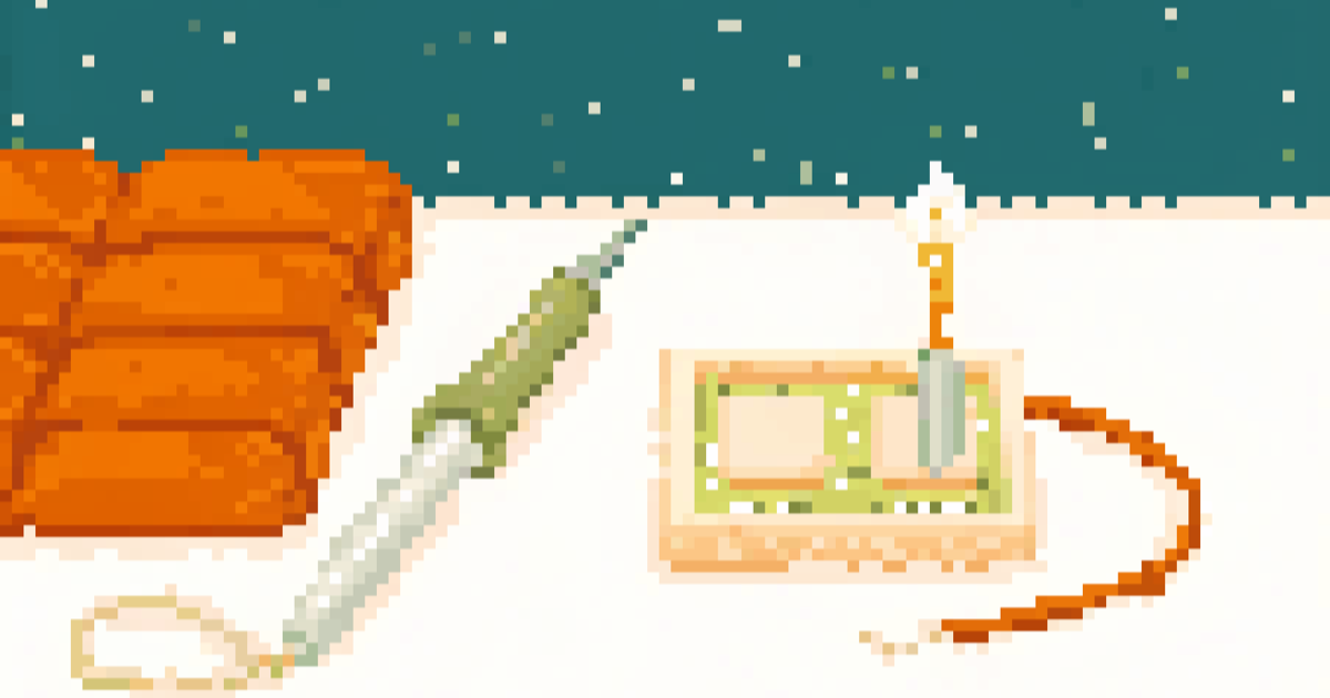 Pixel art of a soldering iron glowing over a small circuit board on a workbench, with an orange rock outcrop and a teal night sky scattered with stars