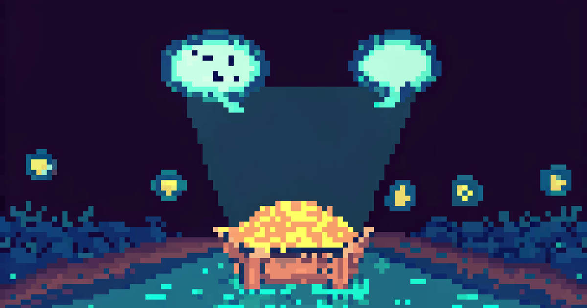 Pixel art of a chest of glowing gold under a spotlight with chat bubbles above