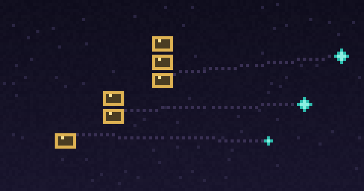 Pixel art of three gold coin-slab stacks of increasing height, each linked by a dotted line to a teal node of matching size
